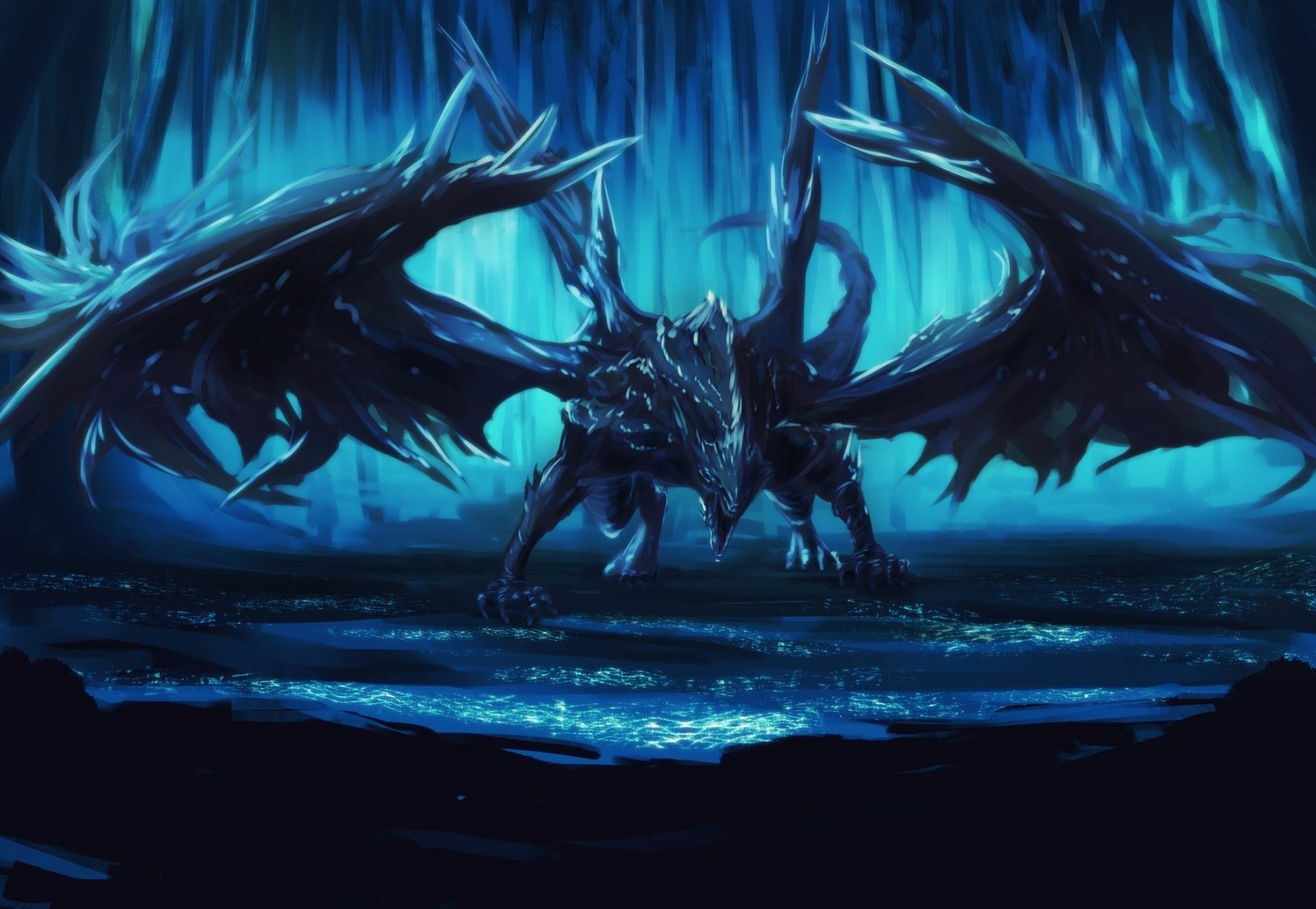 A striking HD desktop wallpaper featuring Darkeater Midir from Dark Souls III, showcasing the formidable dragon against a mystical blue background.