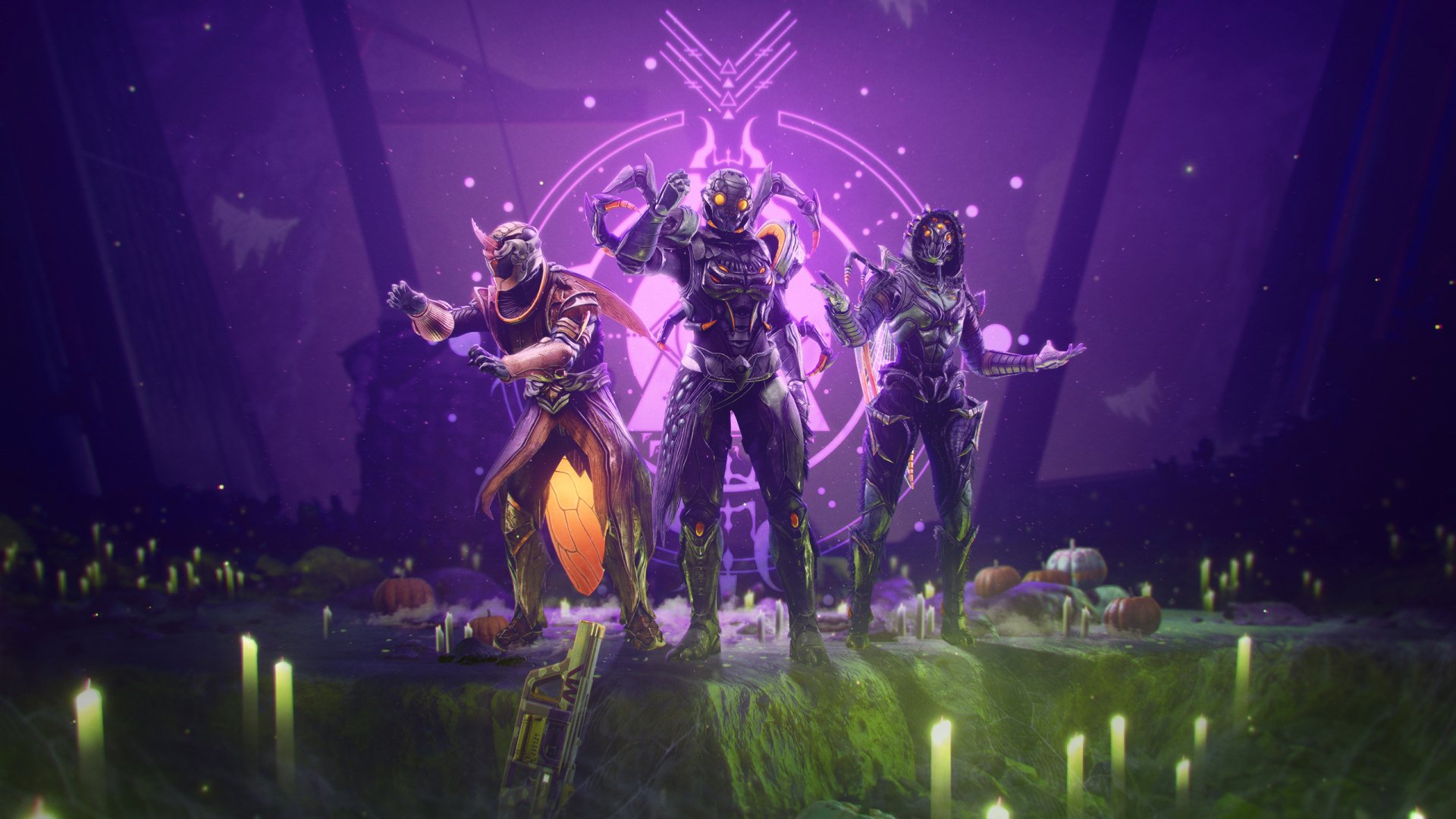 A striking HD wallpaper from Destiny 2, featuring three heroic characters posed dramatically against a mystical purple backdrop, illuminated by glowing candles.
