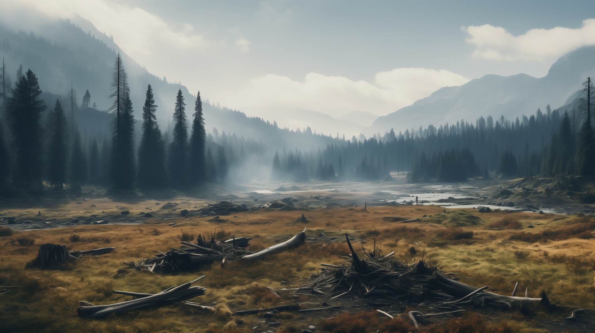 HD desktop wallpaper showcasing an AI art-generated wilderness landscape with misty mountains and a serene forest clearing.