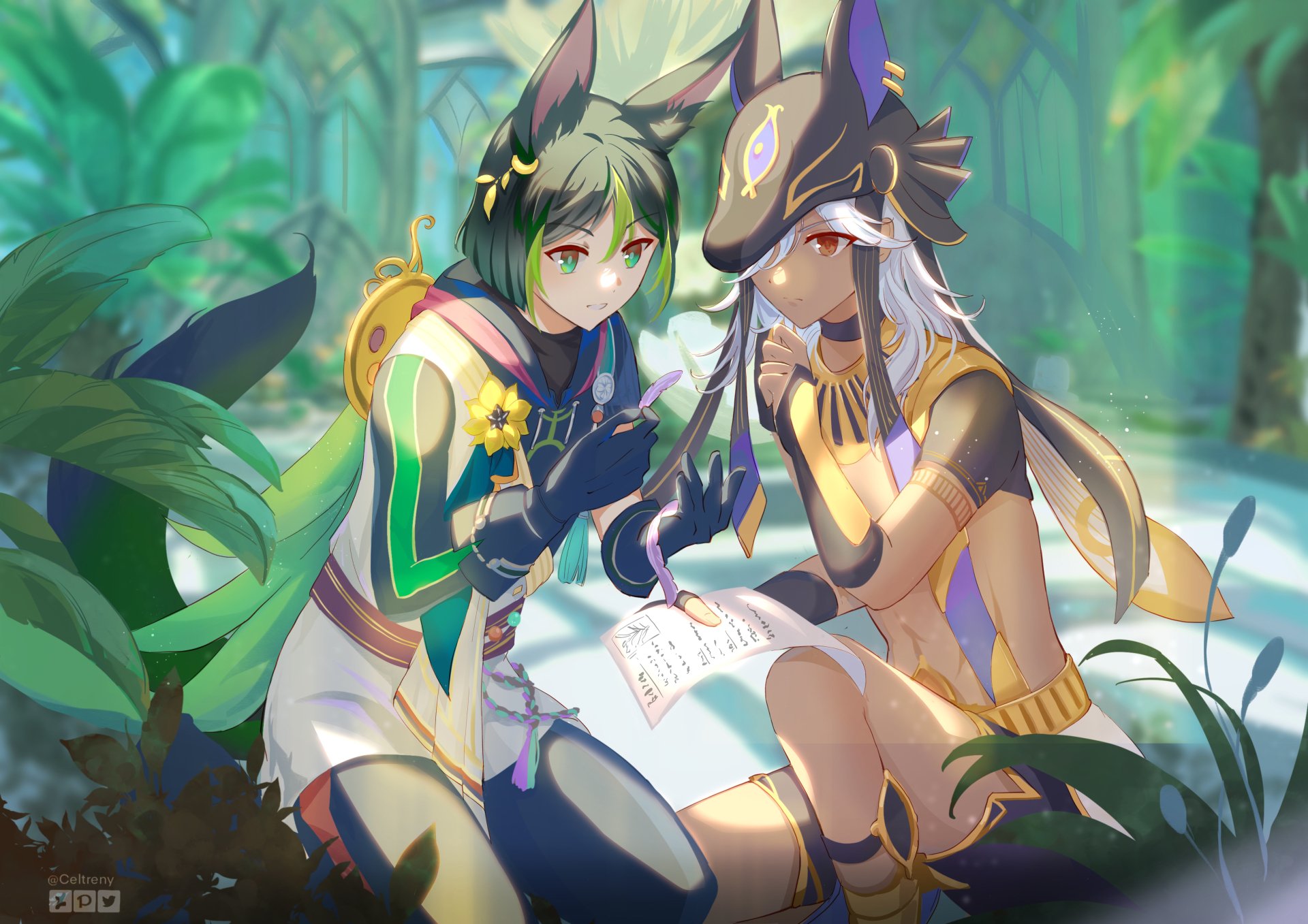Tighnari and Cyno from the video game Genshin Impact read a book together in a sunlit forest — 4K Ultra HD PC desktop wallpaper/background.