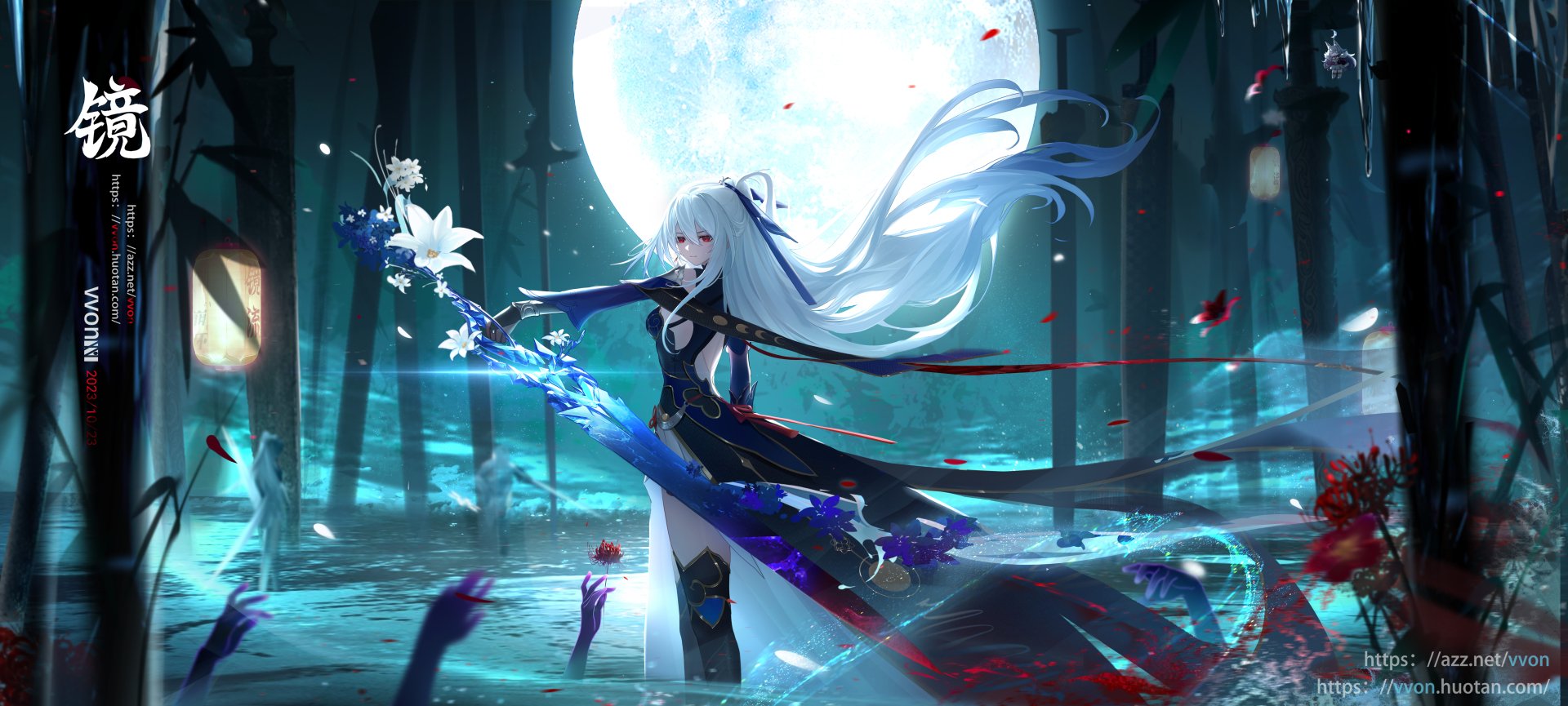 HD wallpaper of Jingliu from Honkai: Star Rail, portrayed in a mystical, moonlit setting with dynamic water and floating petals.