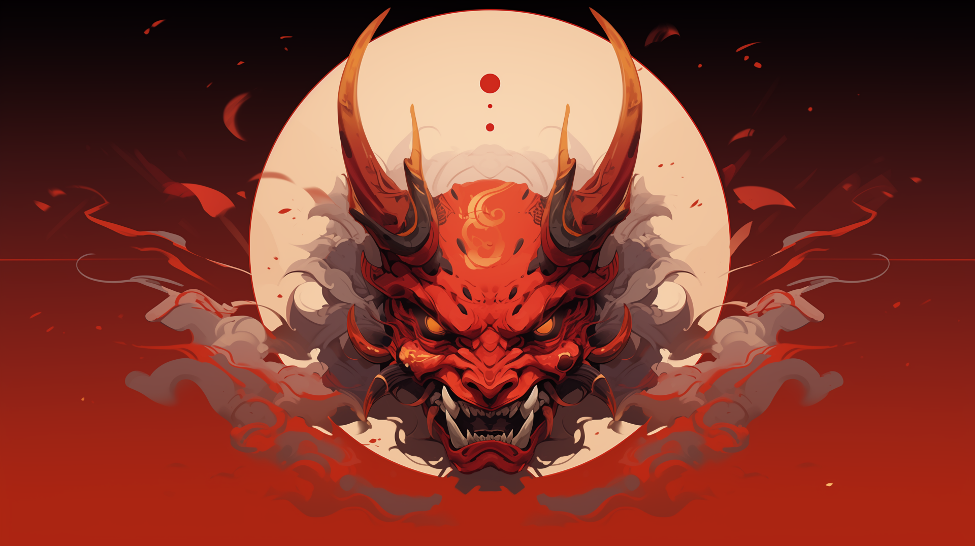 HD desktop wallpaper featuring a vibrant artistic rendition of a red oni mask with horns, set against a circle and swirling smoke on a red background.