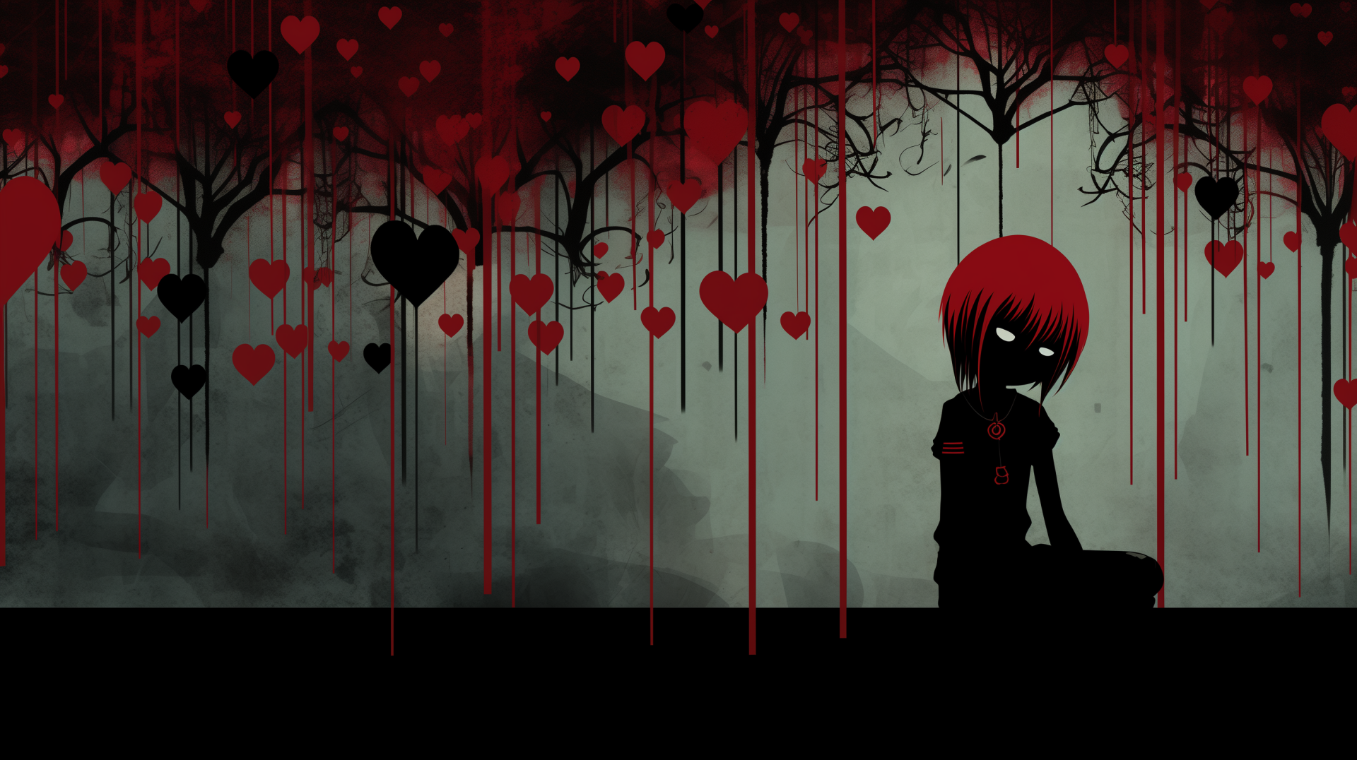 Emo-themed HD desktop wallpaper featuring a silhouette with red hair against a dark background with dripping heart designs.