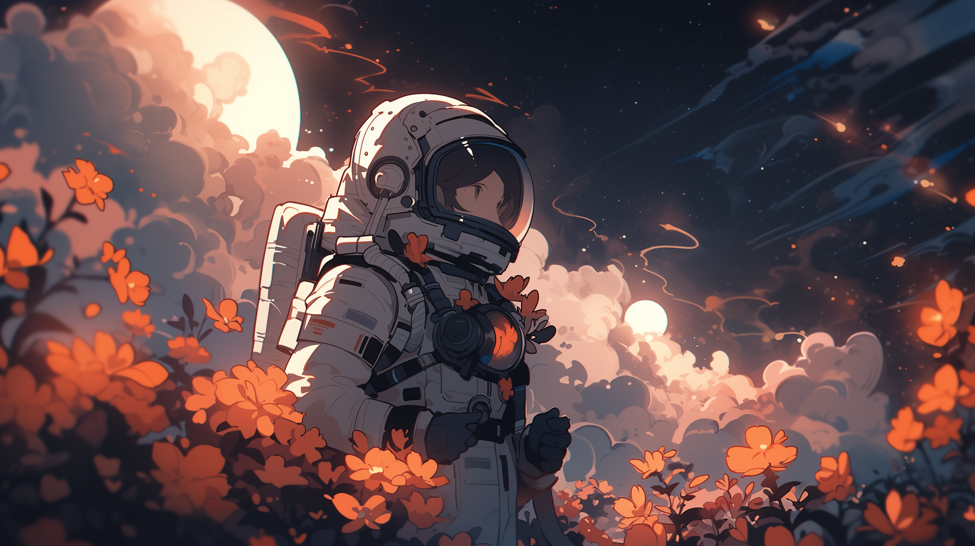 HD desktop wallpaper featuring an astronaut amid a field of orange flowers with a moonlit sky in the background.