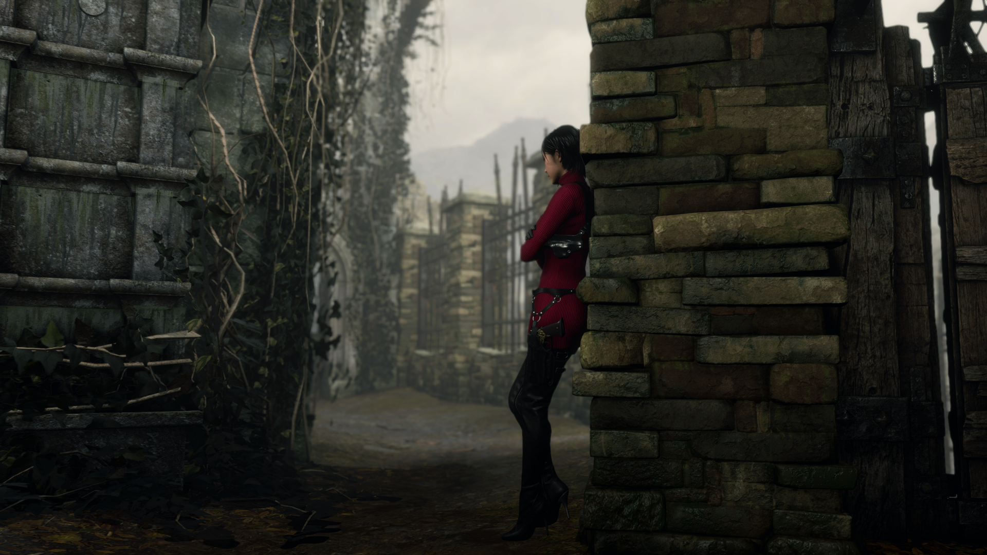 4K Ultra HD wallpaper featuring a character from Resident Evil 4 (2023) Separate Ways remake, standing against a stone wall in a misty, ruined village setting.