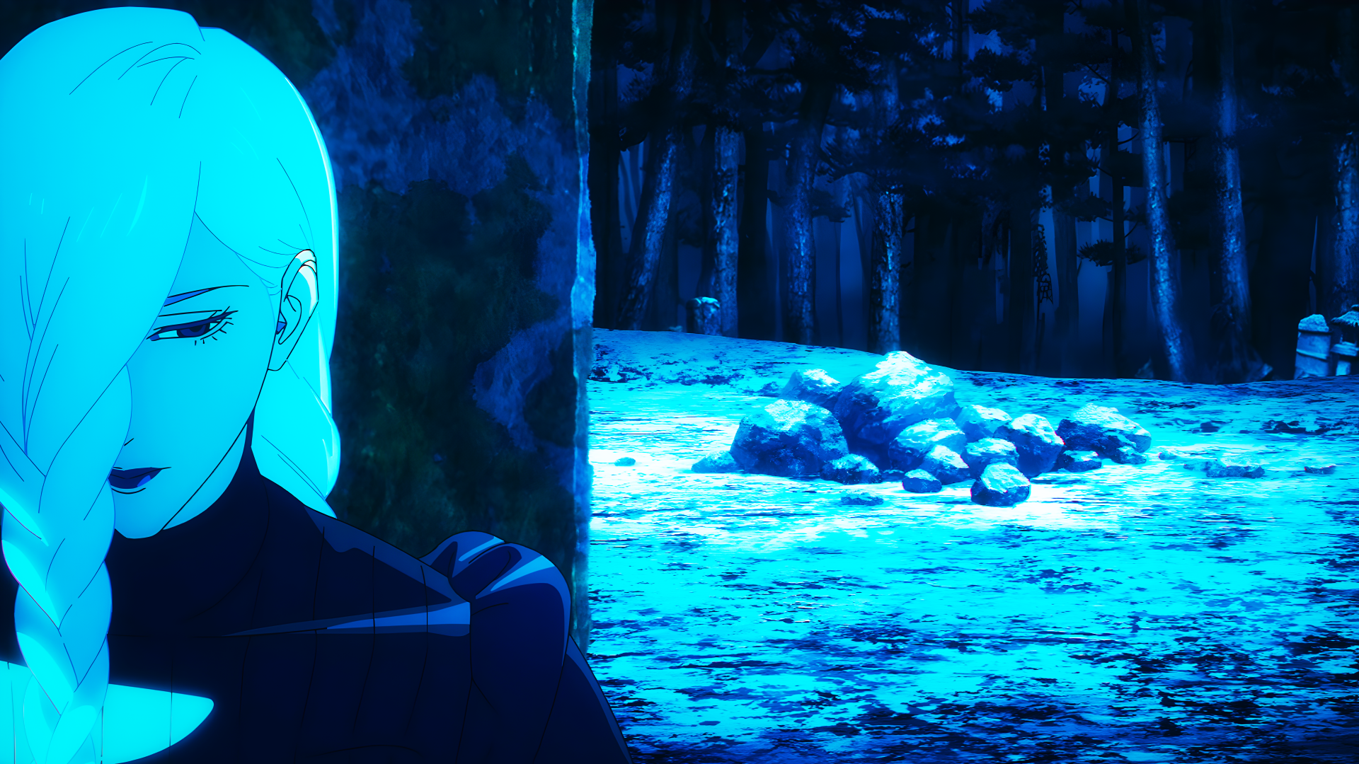 Mei Mei from Jujutsu Kaisen stands with eyes closed in a dark forest, captured in an 8K Ultra HD anime wallpaper for PC desktop backgrounds.
