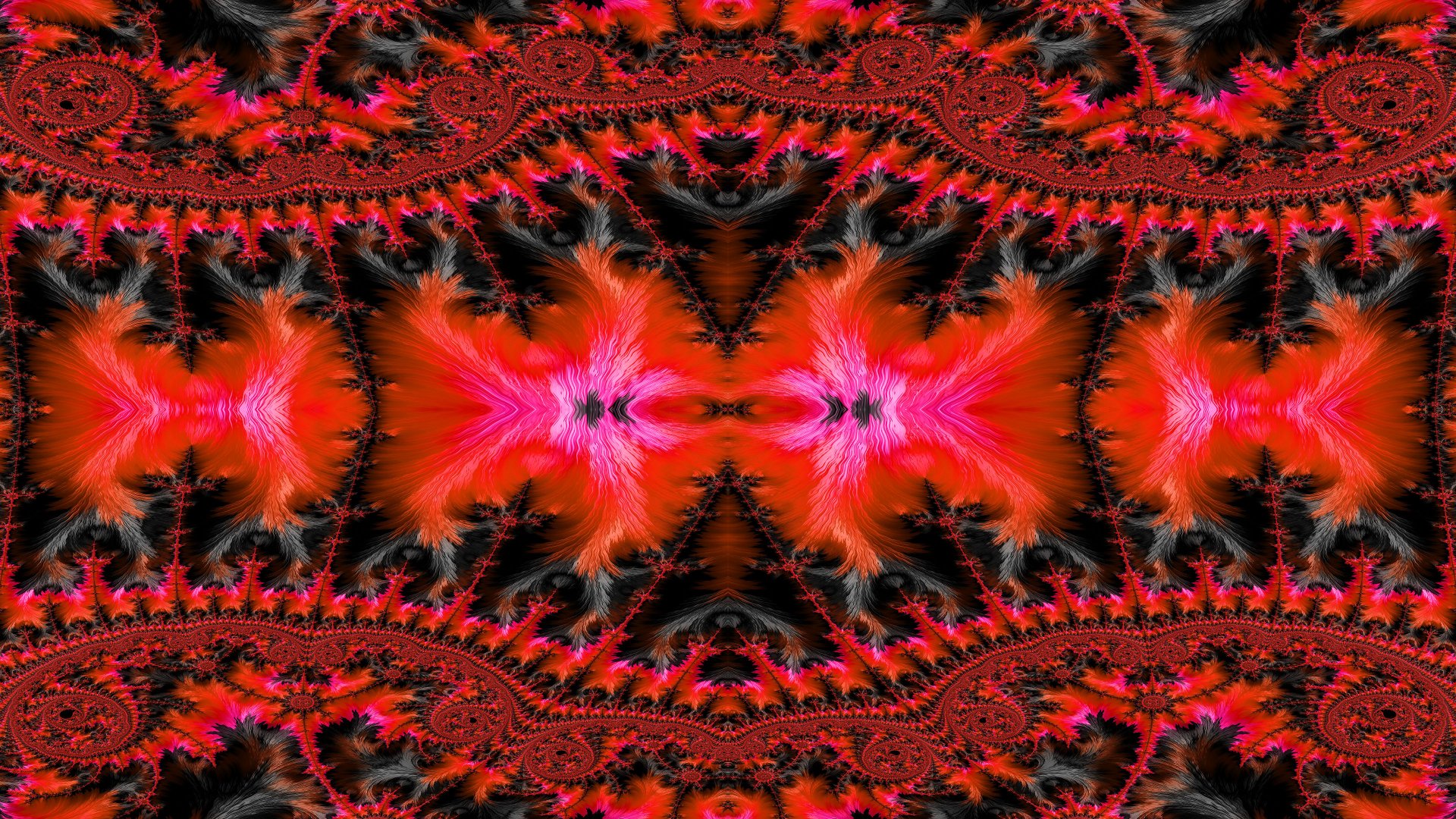 Trippy psychedelic red-and-black fractal abstract with mirrored flame-like motifs, bold black abstract filigree and vibrant red center — high-detail 4K Ultra HD PC desktop wallpaper background.