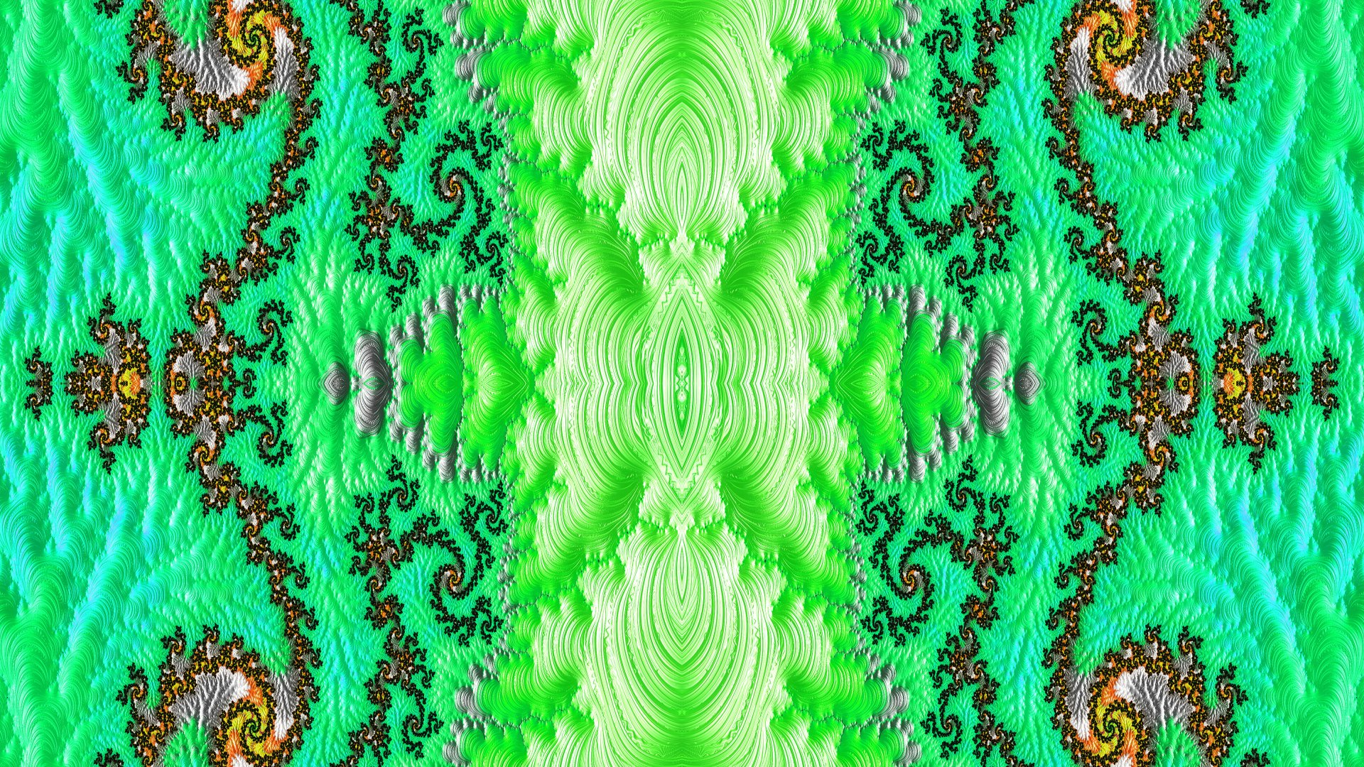 Trippy psychedelic aesthetic green fractal abstract, mirrored organic swirls and textured waves forming a kaleidoscopic 4K Ultra HD PC desktop wallpaper background.