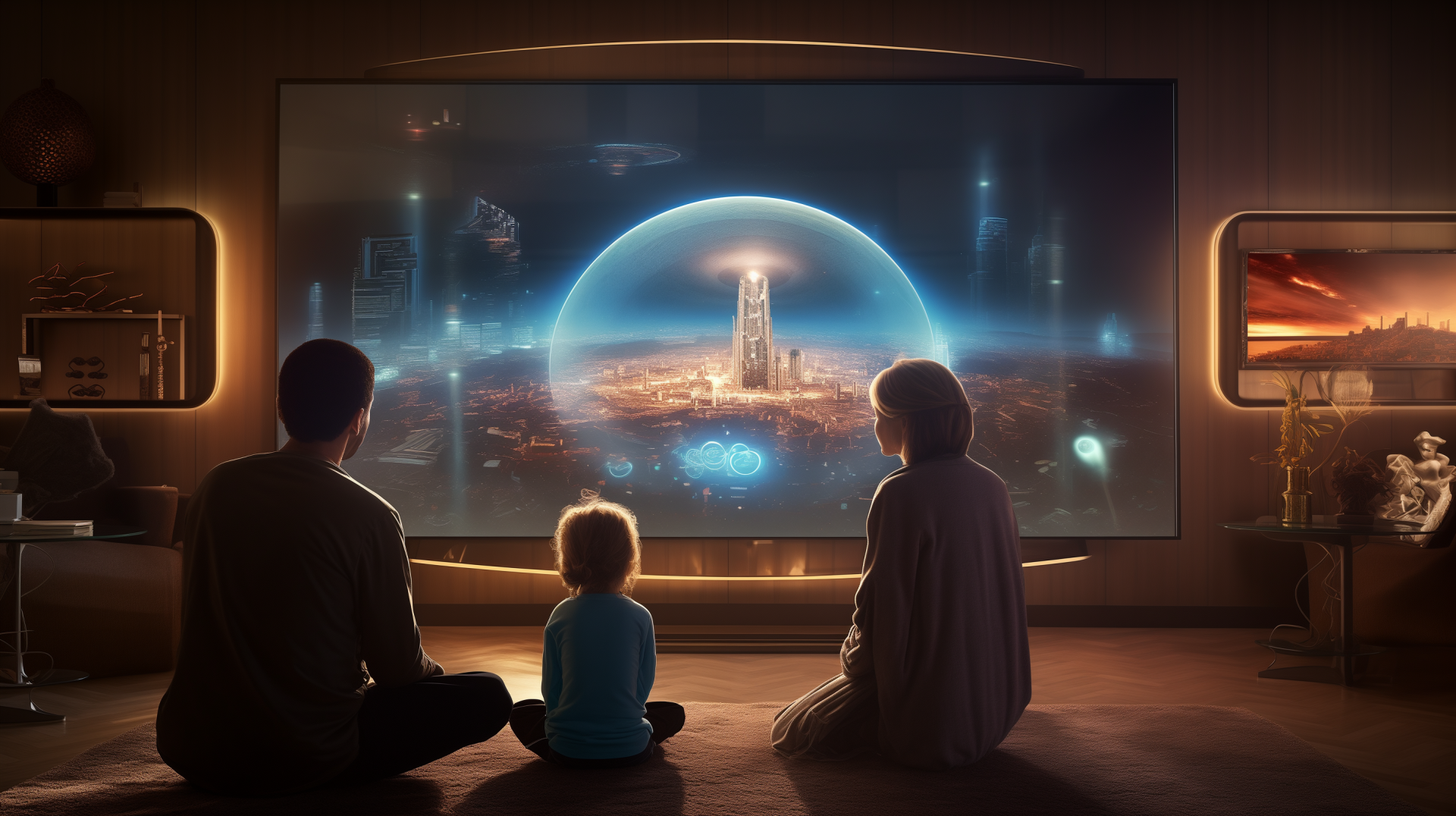 A family sits on the floor, captivated by a futuristic scene displayed on a large television. The HD wallpaper immerses viewers in a vibrant, man-made world.