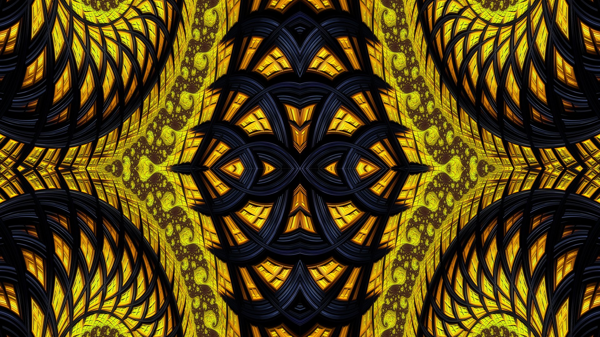 A 4K Ultra HD psychedelic fractal wallpaper featuring vibrant yellow and black abstract patterns with a trippy, aesthetic design for PC desktop backgrounds.