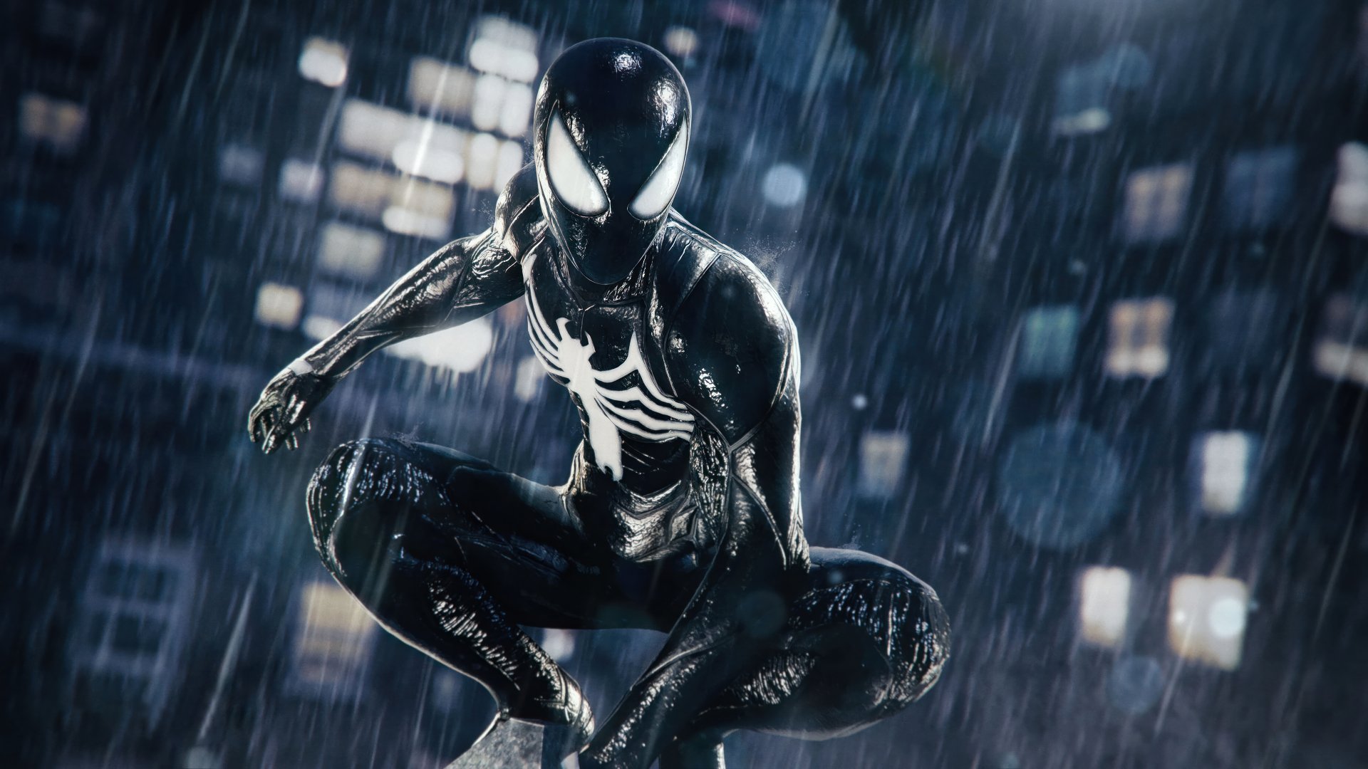 HD wallpaper of Marvel's Spider-Man 2 featuring the black suit Spider-Man perched on a building ledge with a rainy cityscape in the background.