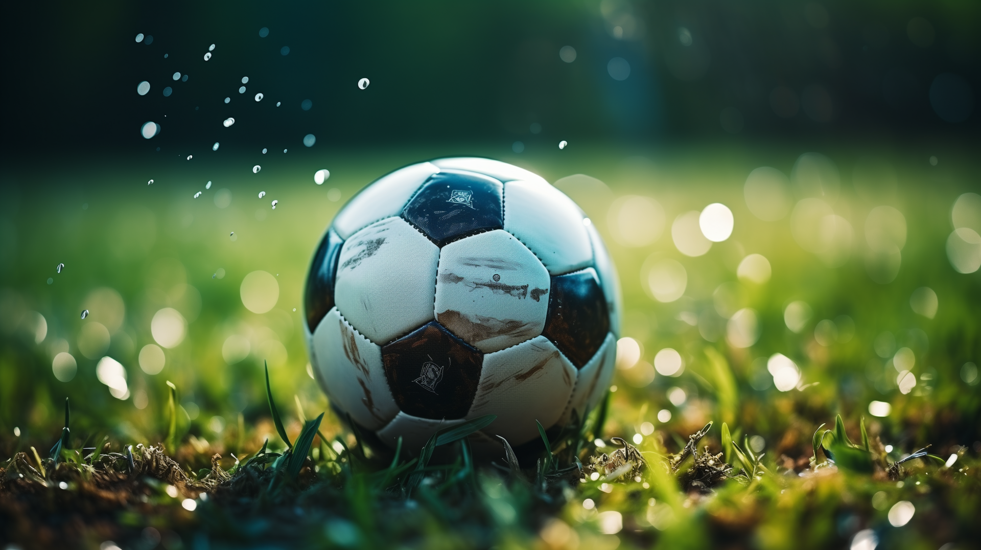 A close-up of a soccer ball resting on wet grass, with droplets of water glistening in the sunlight, creating an energetic and dynamic sports-themed HD desktop wallpaper.