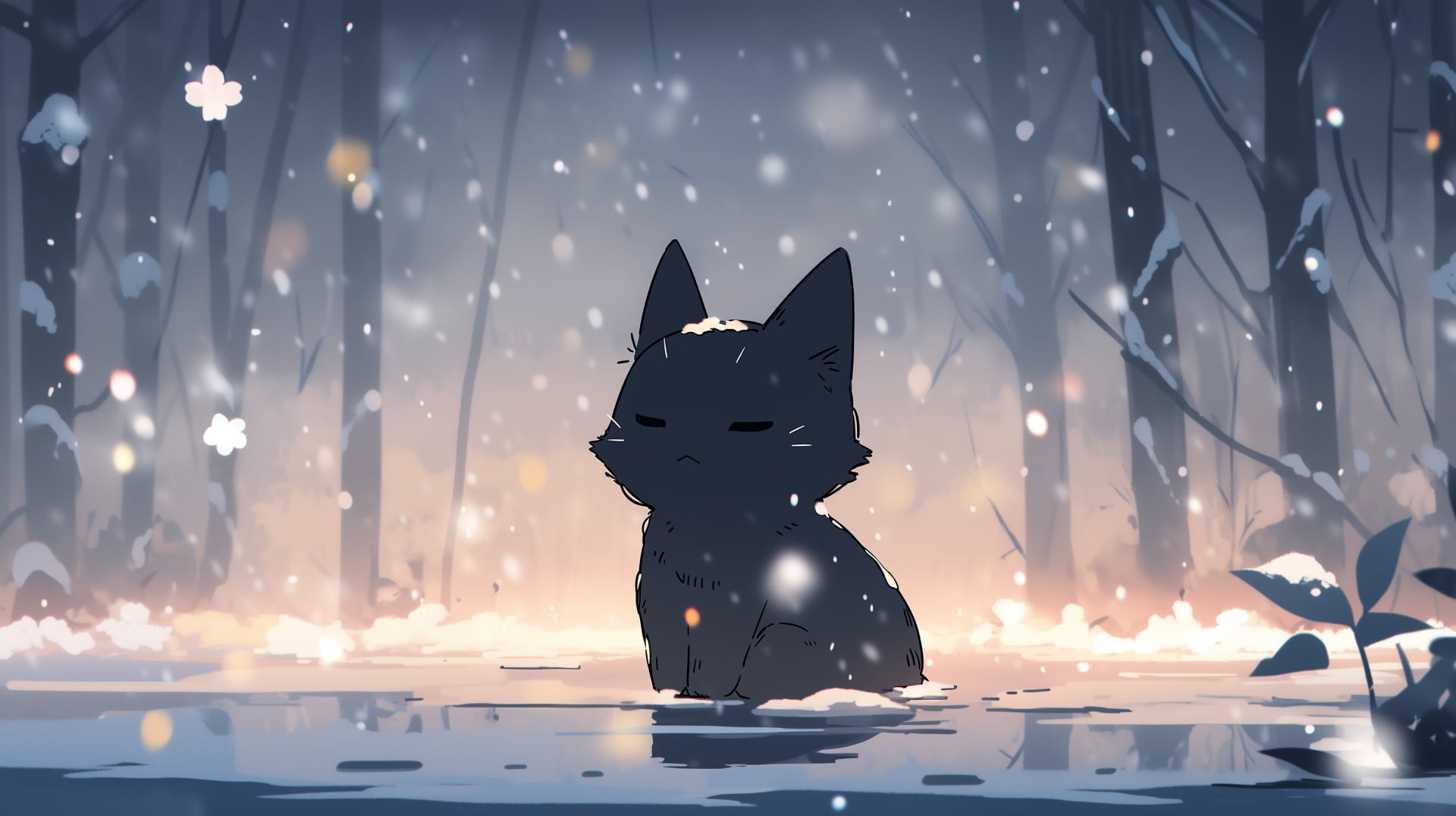 A serene black cat sits calmly in a snowy landscape, surrounded by softly falling snowflakes and silhouetted trees, creating a tranquil and enchanting wallpaper for your desktop.