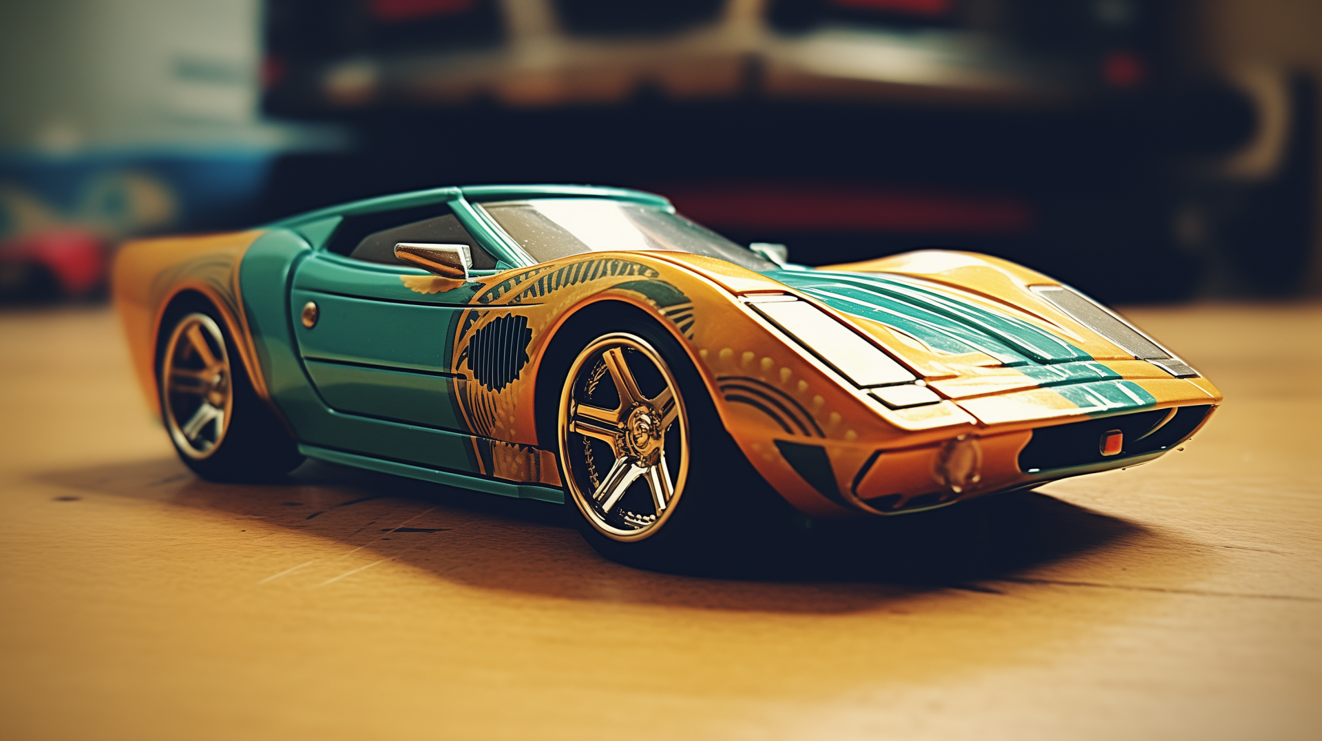 HD wallpaper featuring a Hot Wheels toy sports car with intricate designs, showcased as a desktop background.