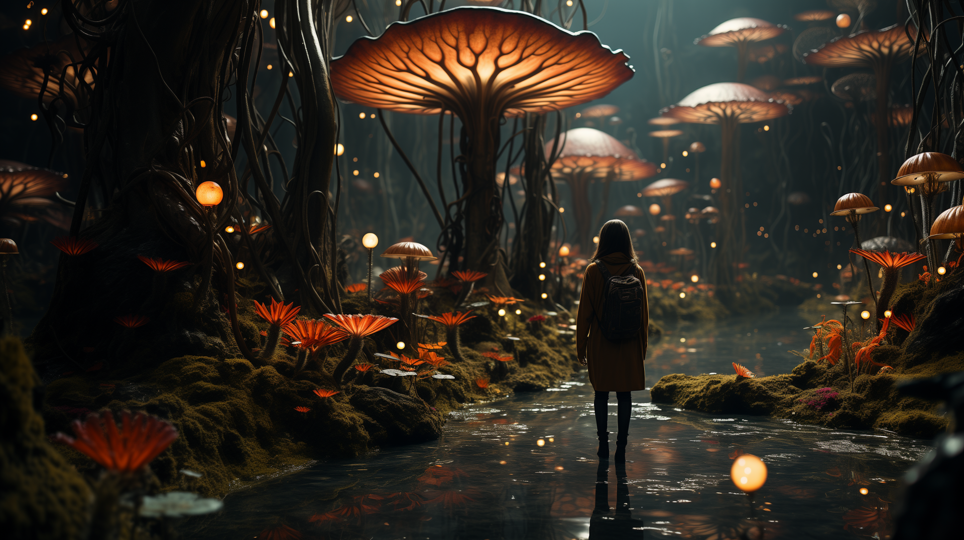 Person standing in a fantasy mushroom garden landscape, HD wallpaper with glowing elements and ethereal atmosphere.