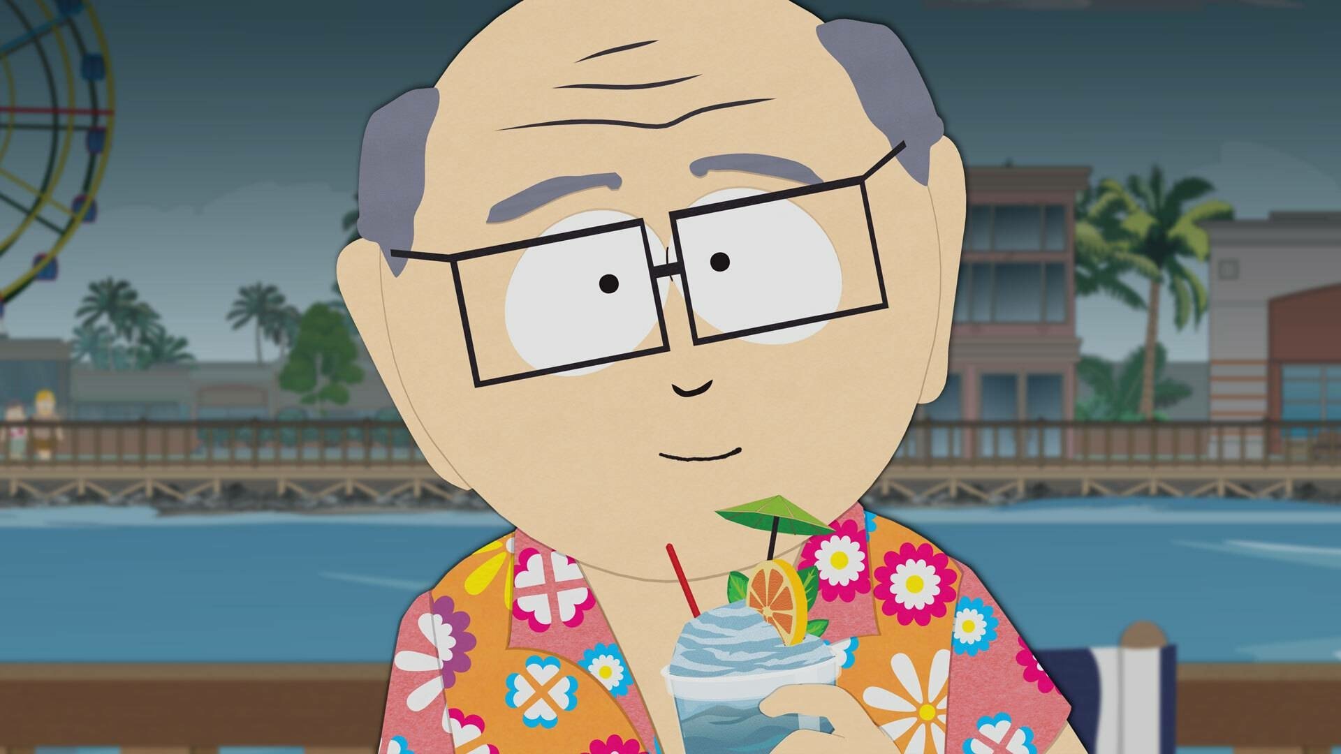 HD desktop wallpaper featuring a character from the TV show South Park, smiling and holding a tropical drink, set against a backdrop of palm trees and a beachside view.