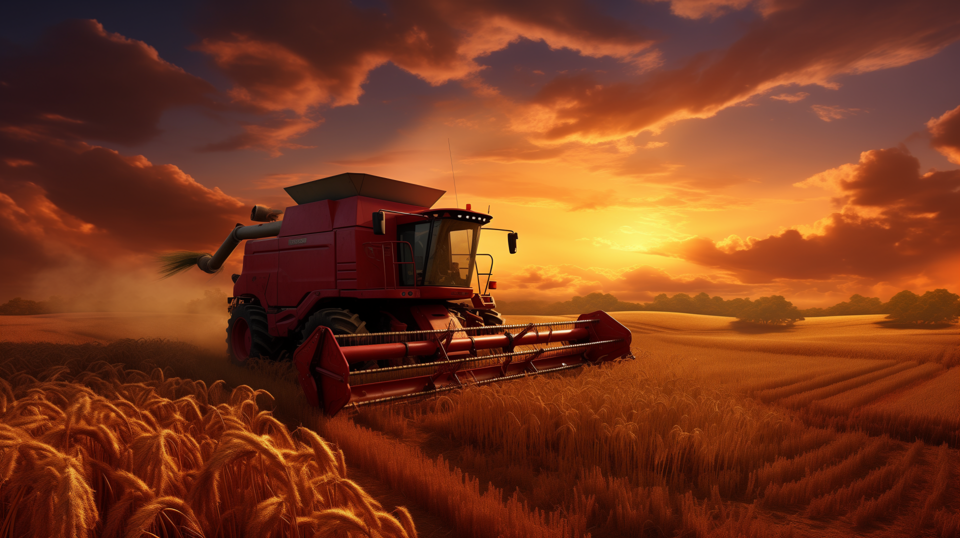 Red harvester working in wheat field during sunset, HD desktop wallpaper