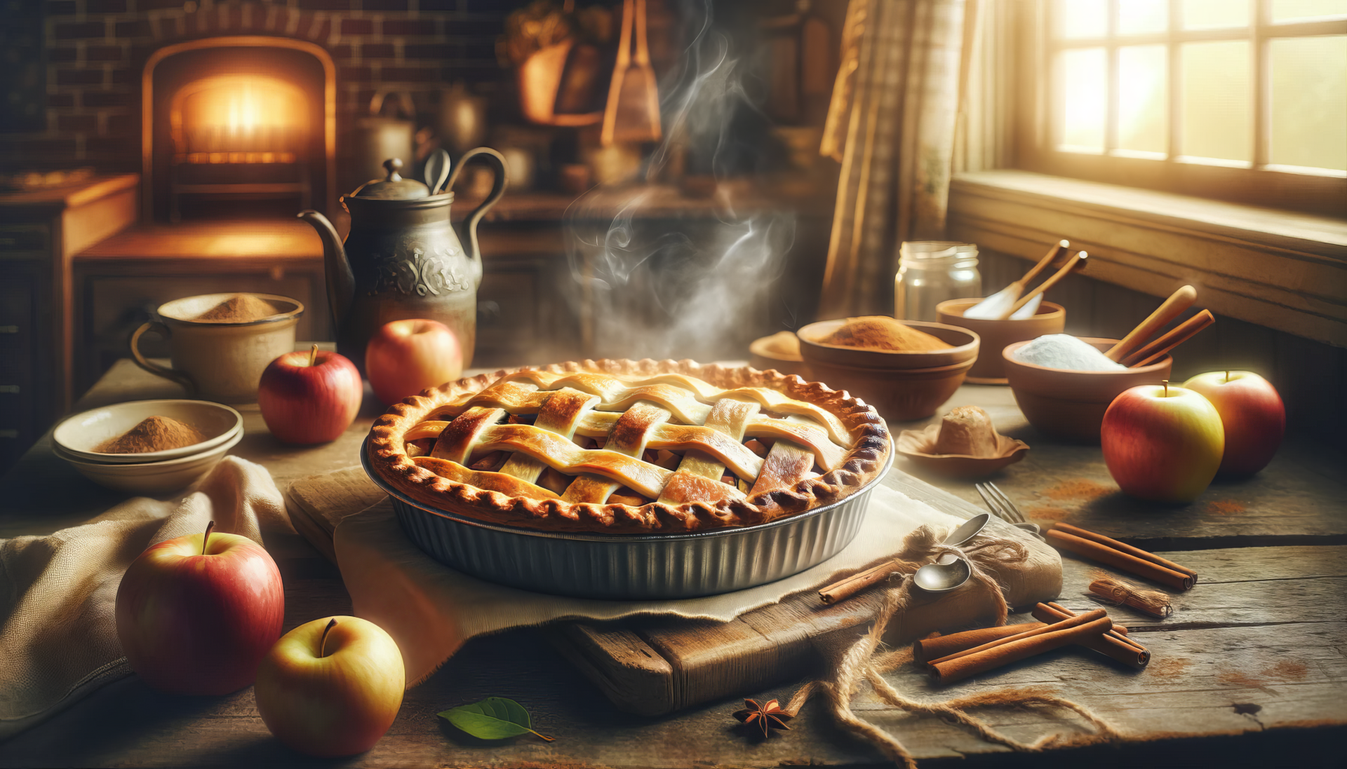 HD desktop wallpaper featuring a freshly baked apple pie on a rustic kitchen table, surrounded by apples, cinnamon sticks, and baking tools, evoking a cozy, warm ambiance.