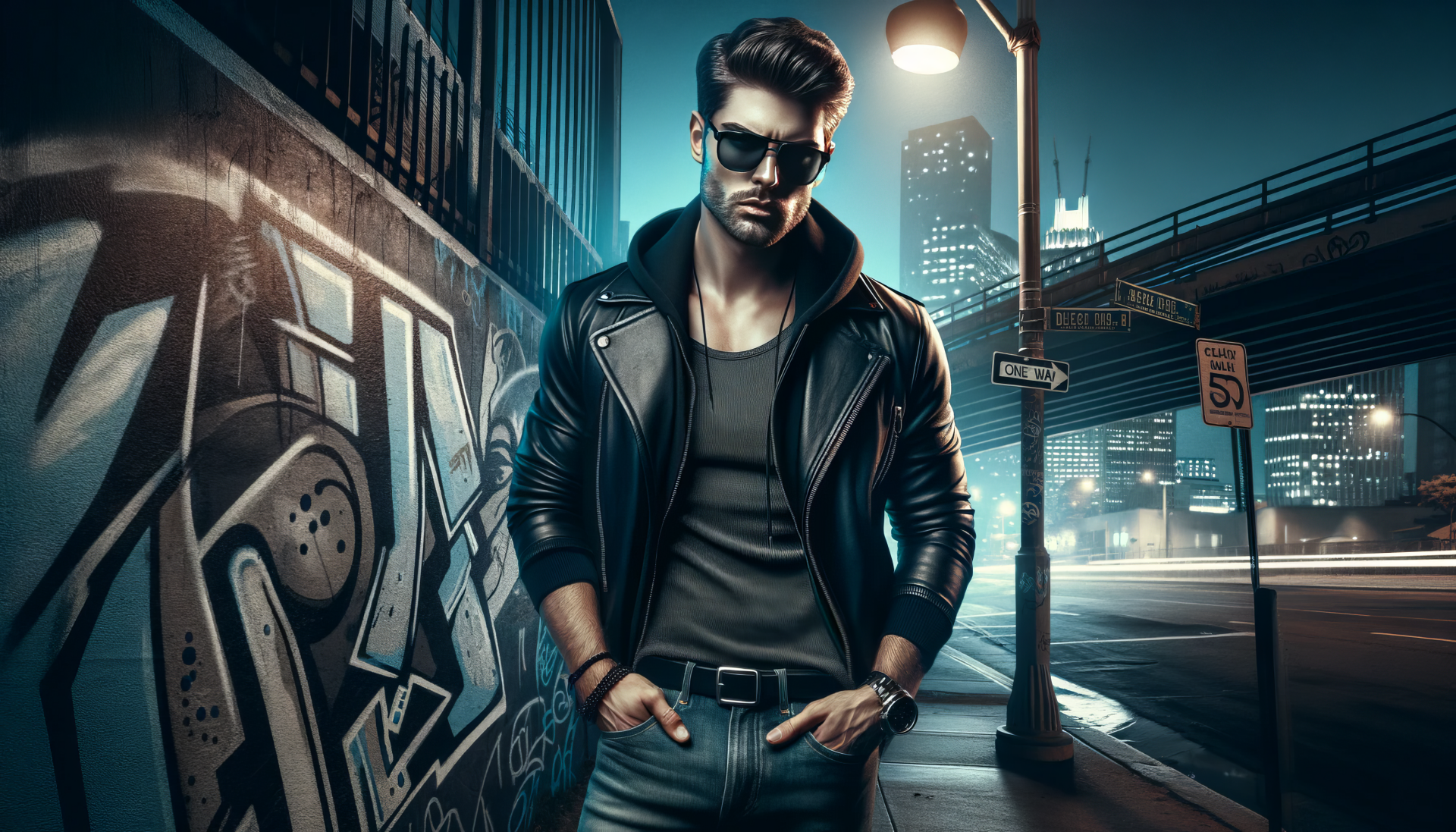 Stylish man in leather jacket standing confidently in an urban night scene with graffiti wall and city lights for HD desktop wallpaper.