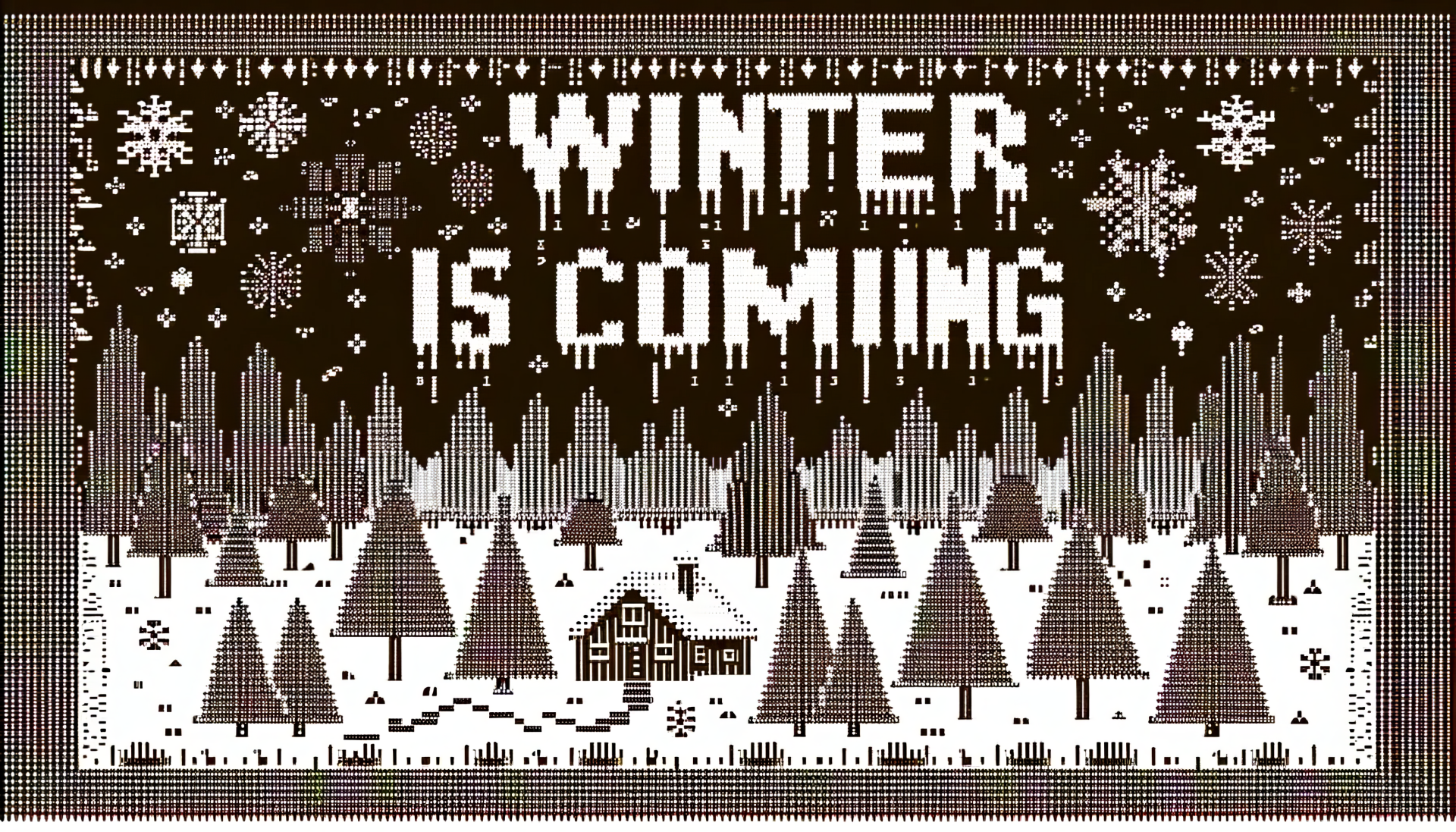 HD desktop wallpaper featuring a stylized winter scene with snow-covered cabins and trees, topped by the phrase WINTER IS COMING in bold, surrounded by snowflakes.