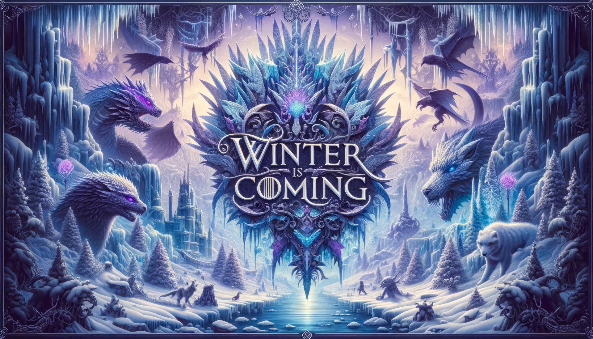 Fantasy winter-themed HD desktop wallpaper with icy dragons, mystical creatures, and Winter is Coming slogan.