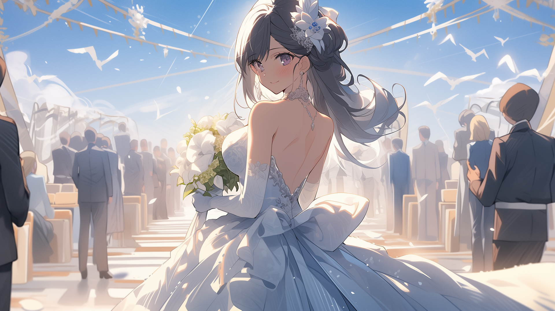 Elegant anime bride in a wedding dress at an altar, HD wedding-themed desktop wallpaper.