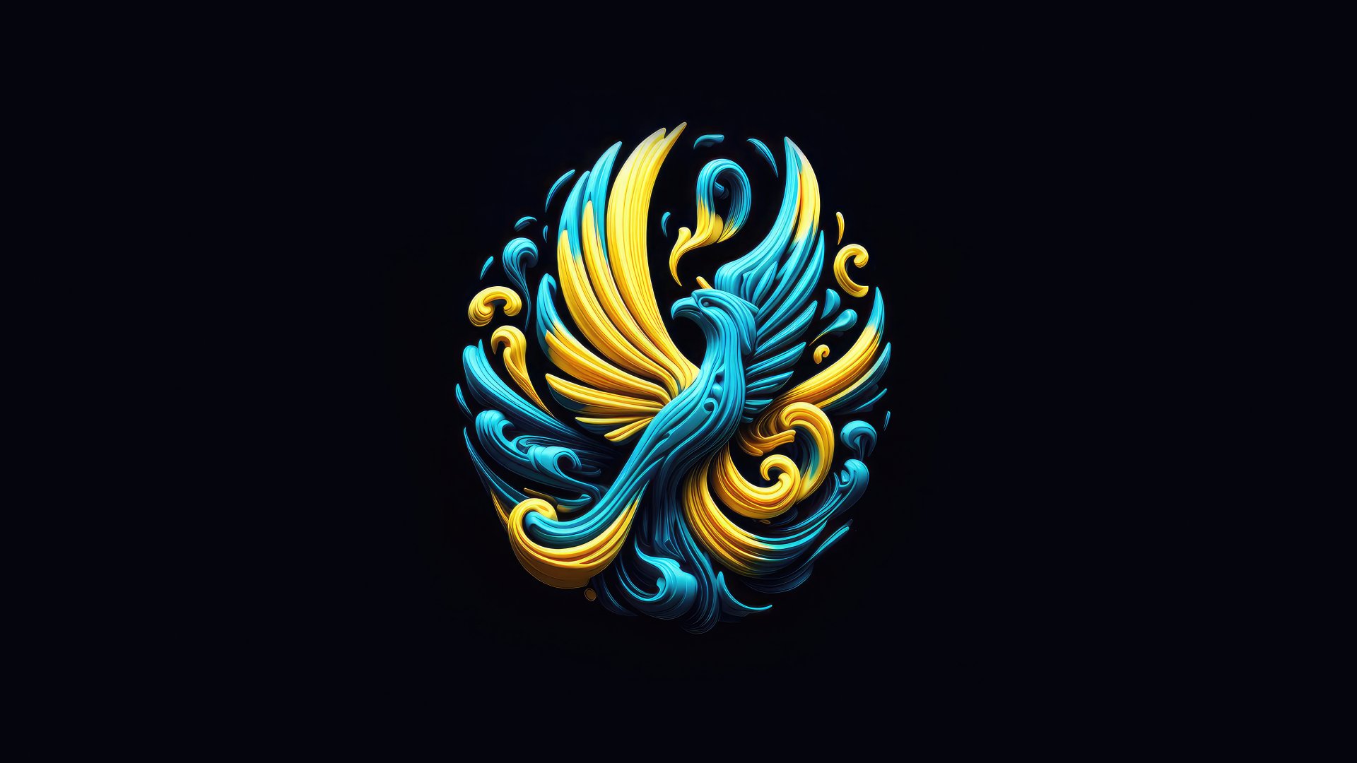 Ukraine-themed 8K Ultra HD PC desktop wallpaper: a stylized blue-and-yellow phoenix-like bird formed of flowing ribbons and ornate swirls against a deep dark background.
