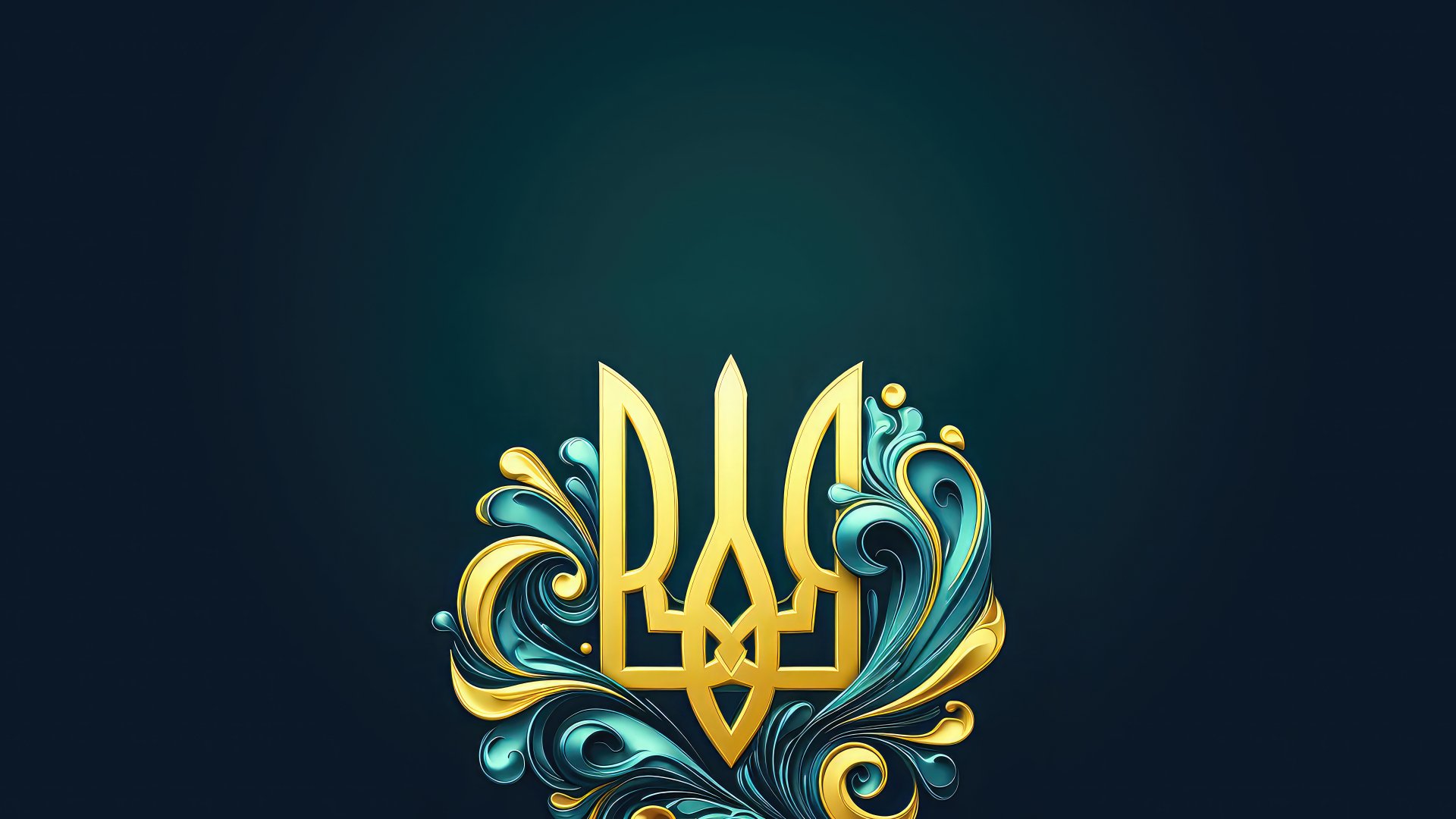 8K Ultra HD PC desktop wallpaper showing a golden Ukrainian tryzub emblem with stylized blue and yellow ornamental waves on a deep teal background.