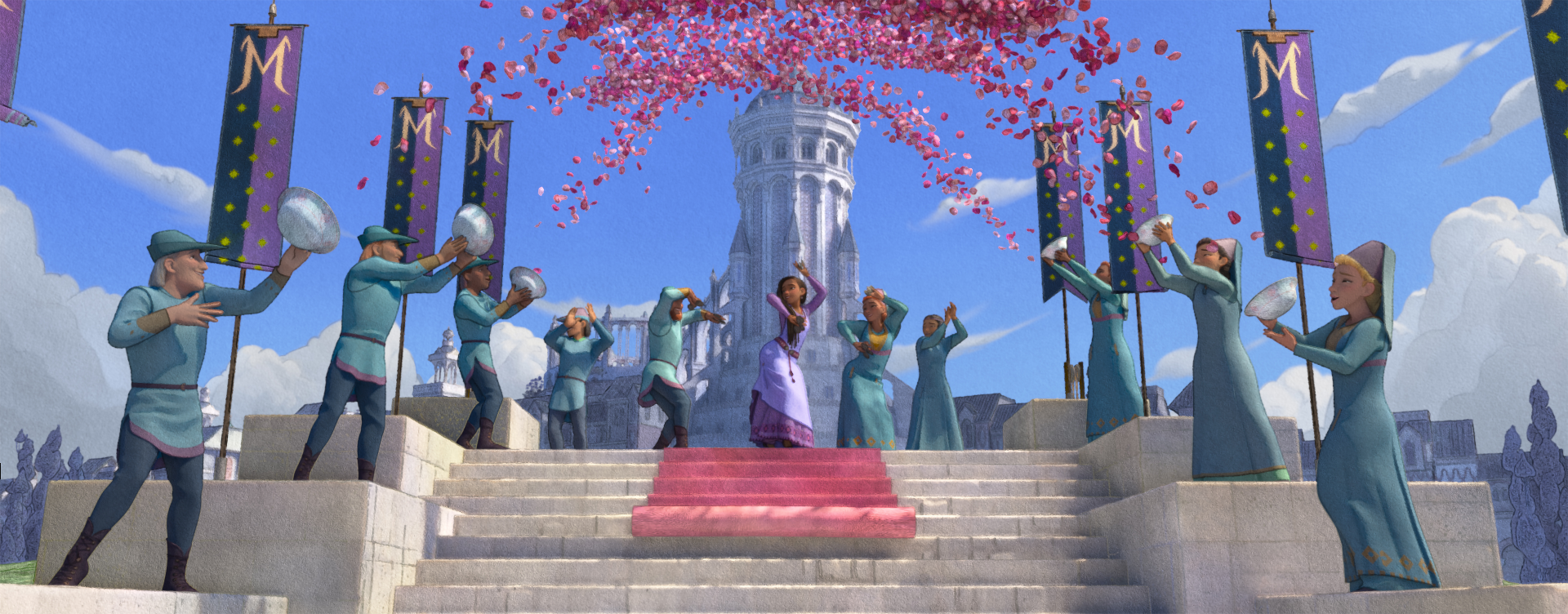 HD wallpaper of Wish (2023) featuring animated characters celebrating with confetti in a festive scene with a tower in the background.