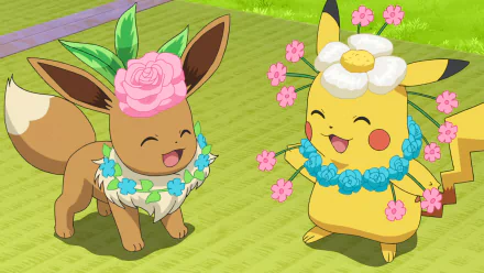 HD desktop wallpaper featuring animated characters Eevee and Pikachu adorned with flower wreaths from Pokémon Ultimate Journeys: The Series, set against a cheerful grassy background.