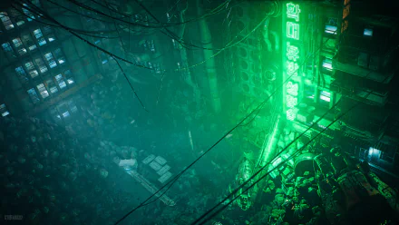 Dark futuristic cityscape from the video game The Ascent, shown in vivid green hues, captured in a 4K Ultra HD PC desktop wallpaper and background.