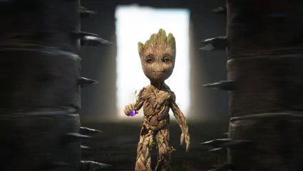 A charming HD wallpaper featuring Groot from the TV show I Am Groot, standing confidently in a dimly lit environment with a glowing doorway behind him.