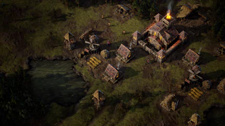 HD wallpaper of Age of Darkness: Final Stand game depicting a medieval village scene with buildings and a river.
