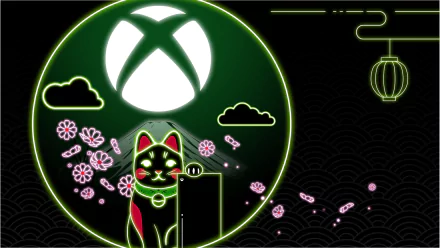 HD desktop wallpaper featuring a neon Xbox logo with a stylized cat and cherry blossoms, set against a dark background with cloud patterns.