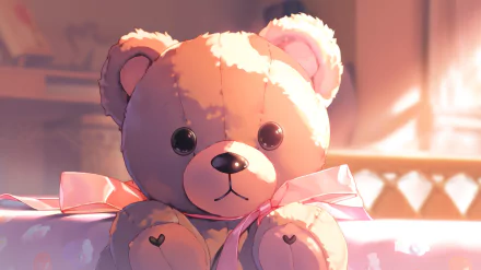 HD wallpaper of a charming teddy bear with a pink bow, offering a warm, soft ambiance for your desktop background.