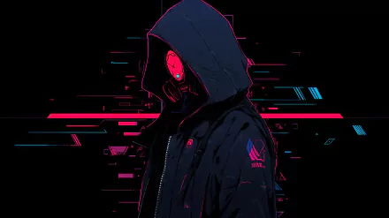 Artistic cyberpunk-themed HD wallpaper featuring an anonymous figure in a hoodie with a glowing red visor, set against a minimalist black background with neon stripes.
