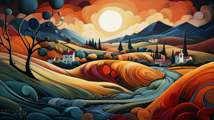 Vibrant Expressionist landscape featuring rolling hills, a meandering river, and a bold sunset, creating a dynamic and colorful HD desktop wallpaper.