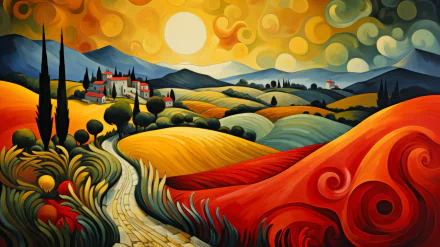 HD Expressionist Landscape Wallpaper featuring colorful swirling hills under a patterned sky.