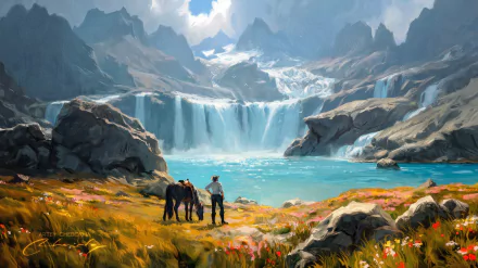 HD desktop wallpaper featuring an oil painting of adventurers by a stunning fantasy landscape with mountains, waterfalls, and a serene lake.