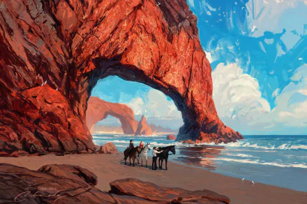 HD desktop wallpaper featuring an artistic oil painting of a beach with a majestic red rock arch, under which horses and riders traverse the sandy shore.