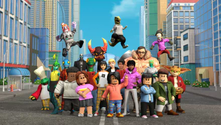 HD Roblox desktop wallpaper featuring a dynamic group of Roblox avatars posing in an urban cityscape background.