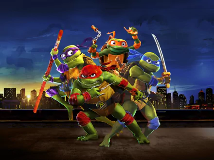 4K Ultra HD PC desktop wallpaper of Teenage Mutant Ninja Turtles: Mutant Mayhem — Leonardo, Raphael, Donatello and Michelangelo striking action poses on a rooftop against a dusk city skyline.