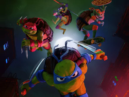 HD desktop wallpaper featuring the Teenage Mutant Ninja Turtles in action from the movie Teenage Mutant Ninja Turtles: Mutant Mayhem.
