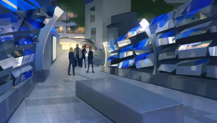 HD anime desktop wallpaper featuring a nighttime cityscape from Jujutsu Kaisen, with silhouetted characters standing near futuristic blue-lit structures.