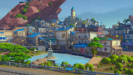 HD desktop wallpaper of My Time at Sandrock game depicting a vibrant town with a central fountain, surrounded by buildings and cliffside.