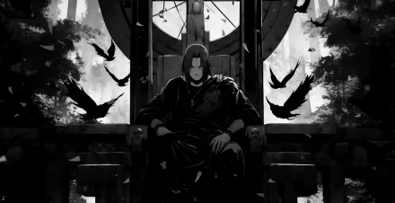HD desktop wallpaper featuring Itachi Uchiha from Naruto, portrayed in a dark, moody anime style with crows flying around in a forested backdrop.