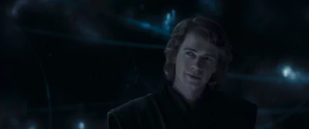 HD wallpaper featuring Anakin Skywalker with a subtle smile, set against a starry space backdrop, inspired by Ahsoka's storyline.