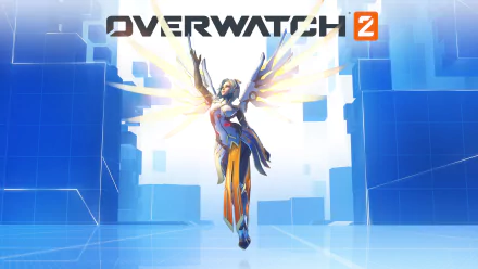 HD desktop wallpaper featuring Mercy from Overwatch 2, depicted with glowing wings in a dynamic pose against a stylized blue background with the game's logo.