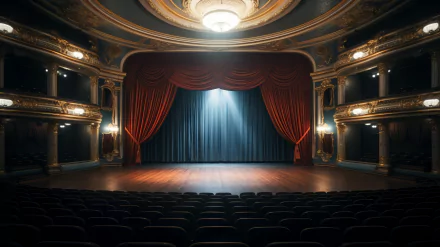 HD desktop wallpaper featuring a grand theater interior with ornate architecture, spotlight on a closed red curtain stage.