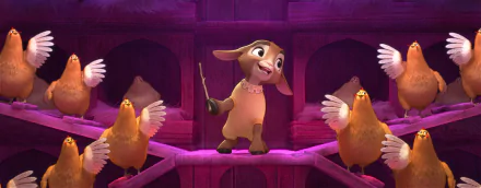 HD wallpaper of animated goat character from Wish (2023) with chickens for desktop background.